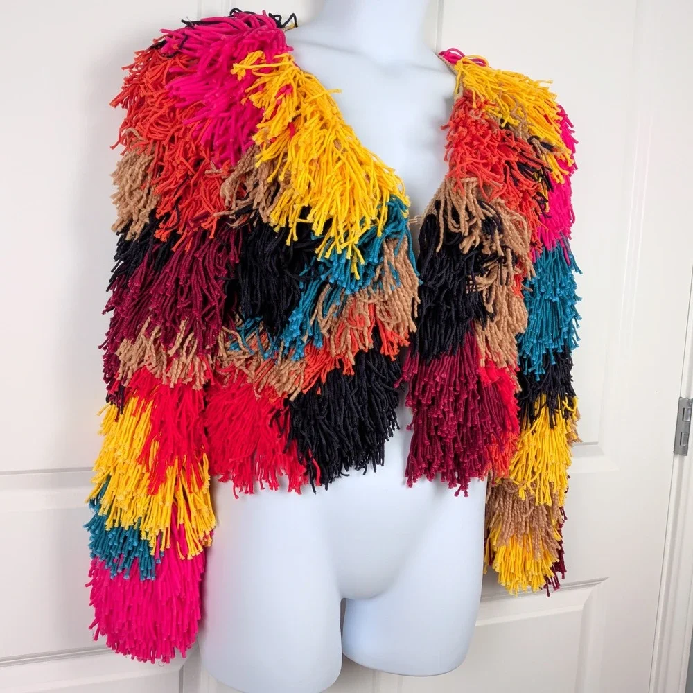 Alice + Olivia Fawn Rainbow Fringe Knit Jacket Shaggy Fringe Cardigan Festival